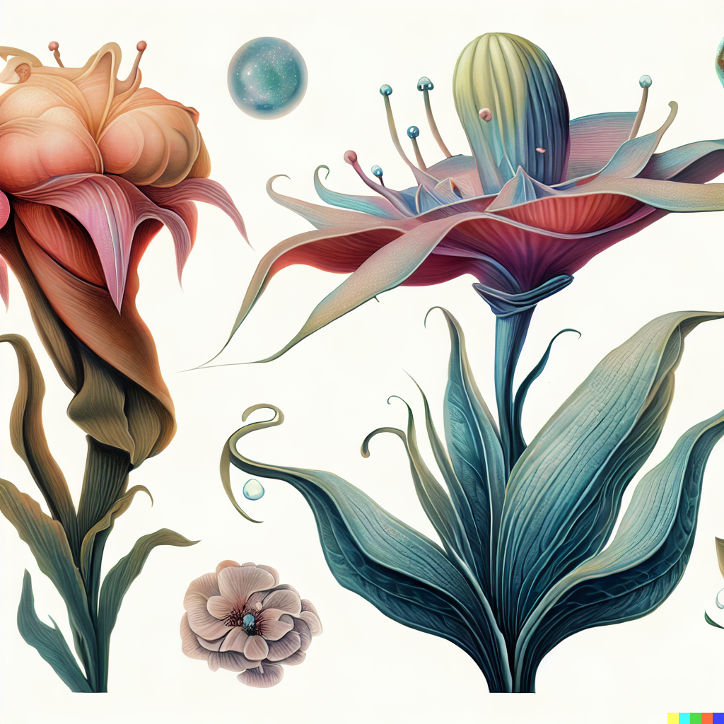 DALL·E 2023-06-26 12.38.28 – scientific illustrations of beautiful alien flowers botany