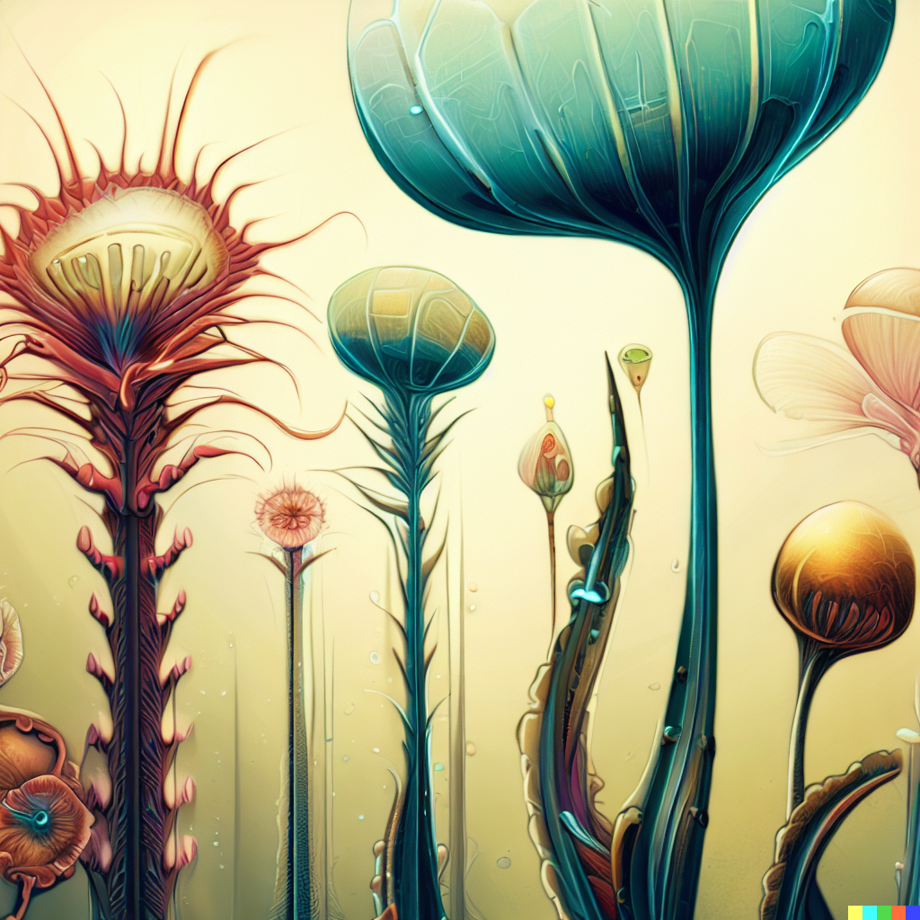 DALL·E 2023-06-26 12.38.33 – scientific illustrations of beautiful alien flowers botany