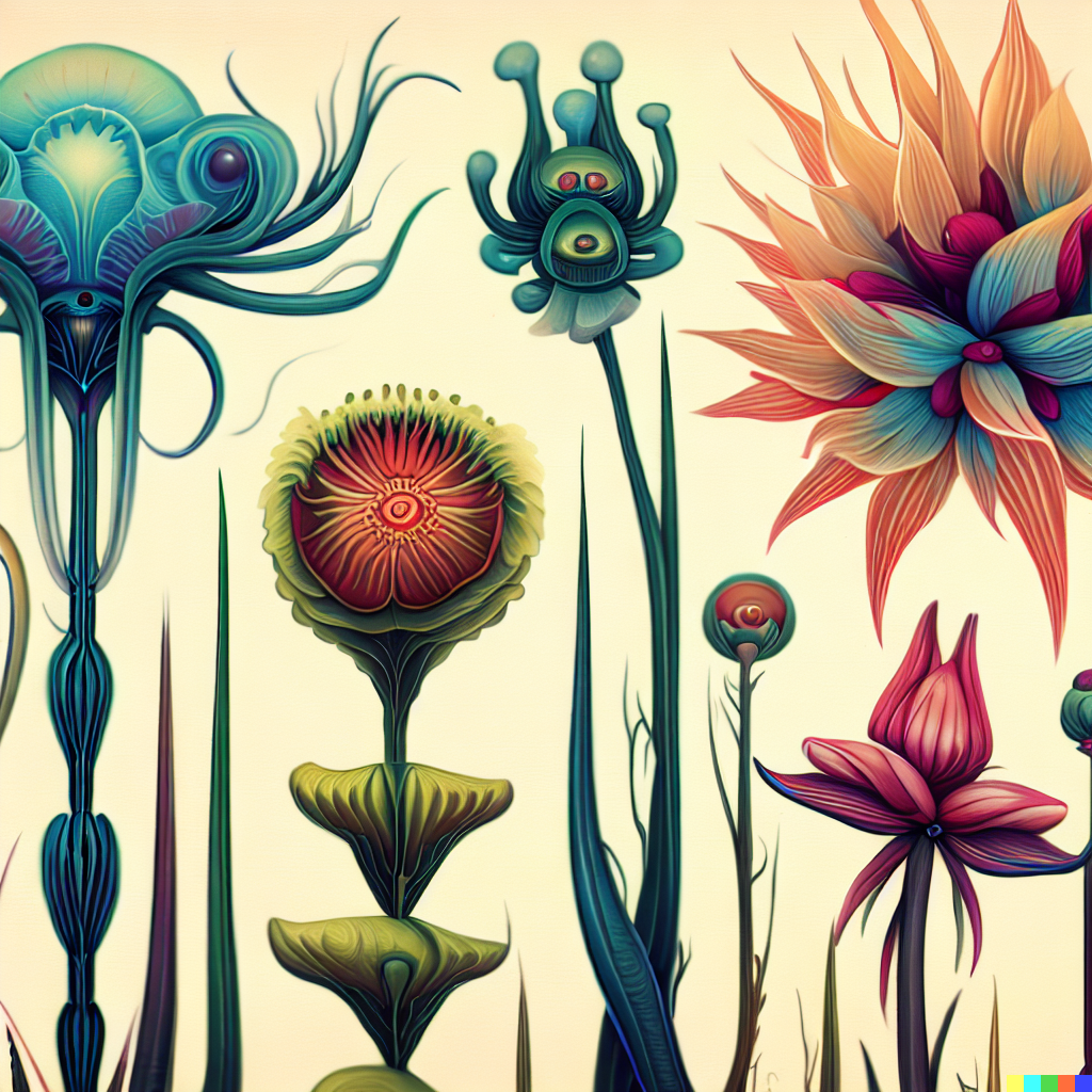 DALL·E 2023-06-26 12.38.36 – scientific illustrations of beautiful alien flowers botany