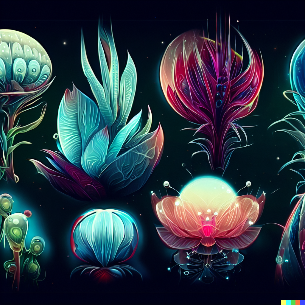 DALL·E 2023-06-26 12.38.40 – scientific illustrations of beautiful alien flowers botany