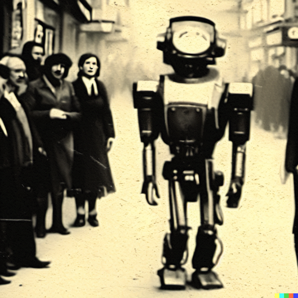 DALL·E 2023-06-26 12.39.02 – found footage from Victorian times of a futuristic robot walking down a street with onlooker gawking