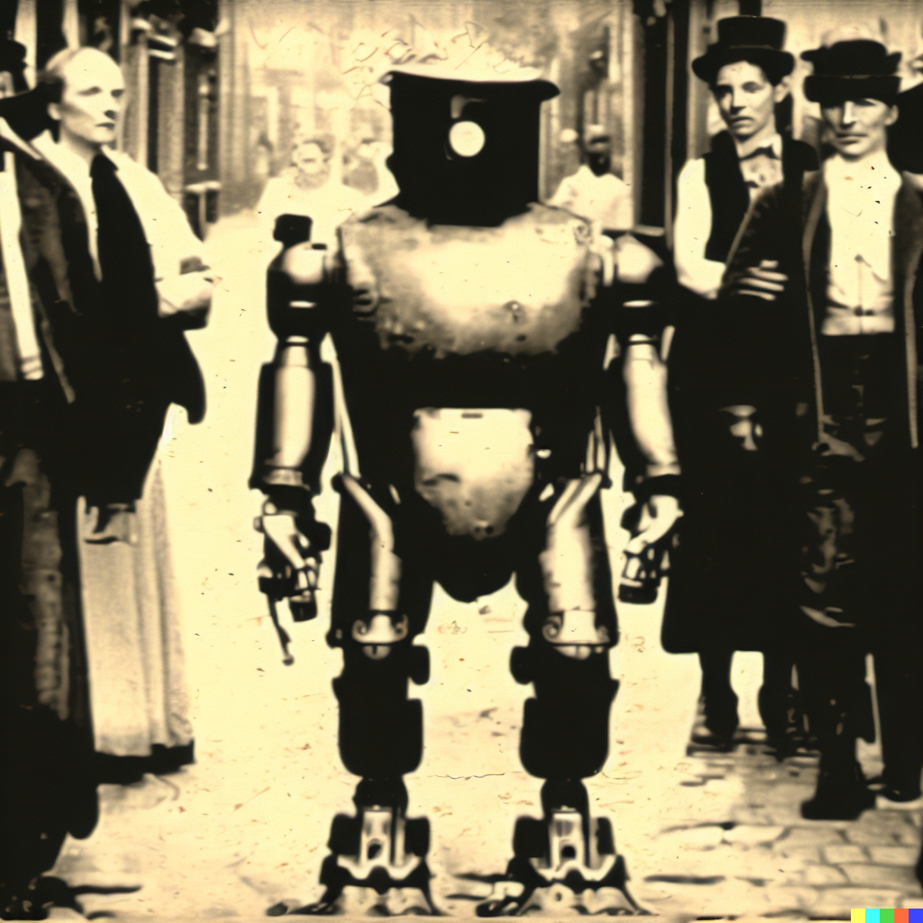 DALL·E 2023-06-26 12.39.08 – found footage from Victorian times of a futuristic robot walking down a street with onlooker gawking