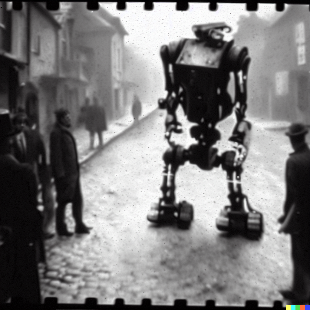 DALL·E 2023-06-26 12.39.17 – found footage of a pinhole camera from Victorian times of a futuristic robot walking down a street with onlooker gawking