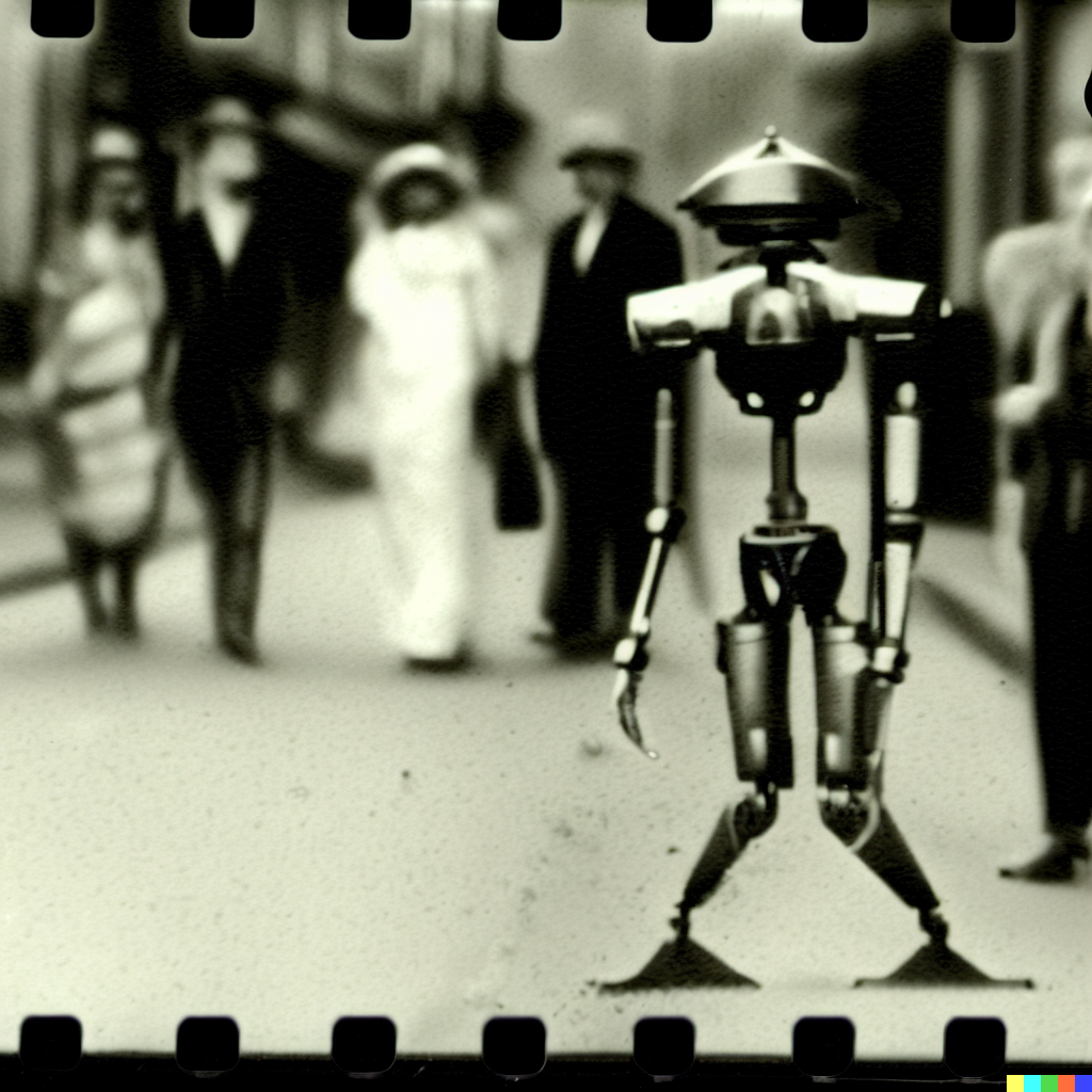 DALL·E 2023-06-26 12.39.25 – found footage of a pinhole camera from Victorian times of a futuristic robot walking down a street with onlooker gawking