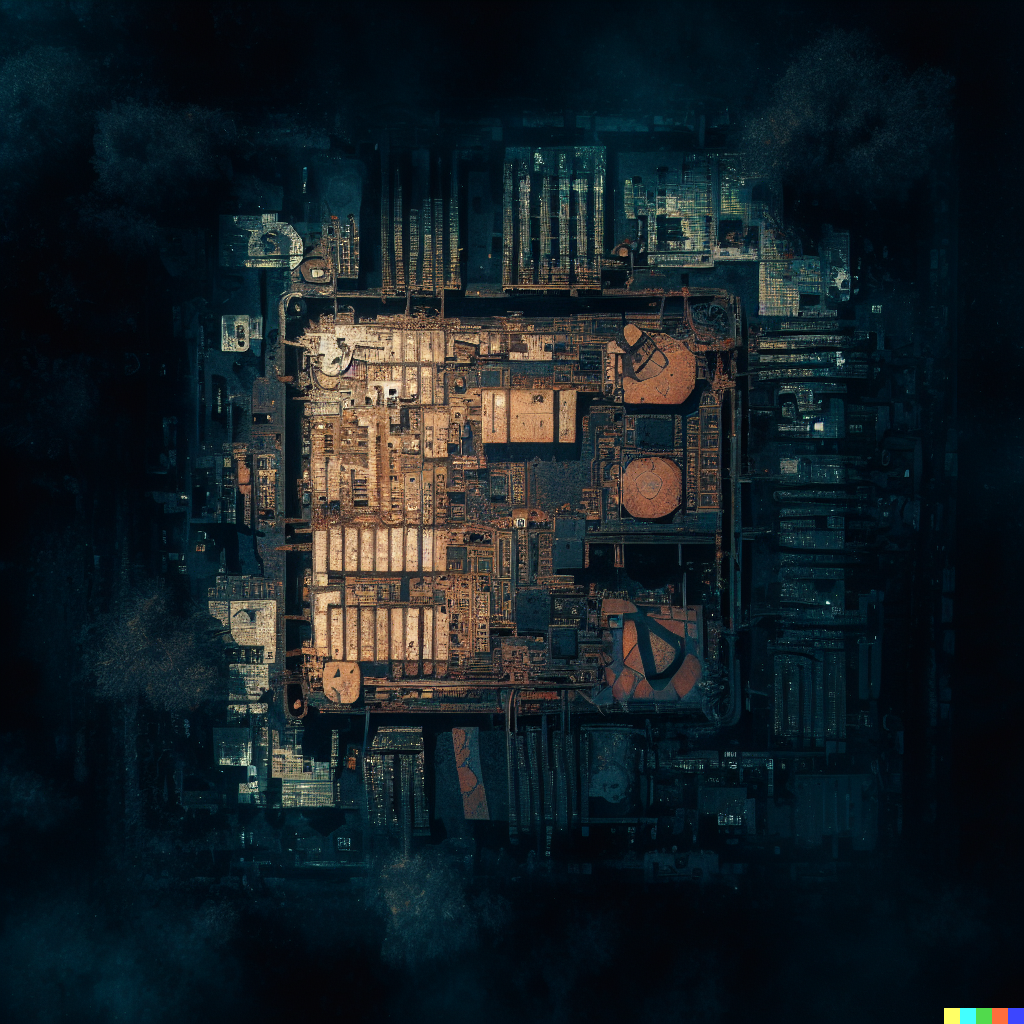 DALL·E 2023-06-26 12.39.32 – a bright top down minimalistic aerial photograph, artistic, of the ruins of a large working circuit board in a dark and stormy forest