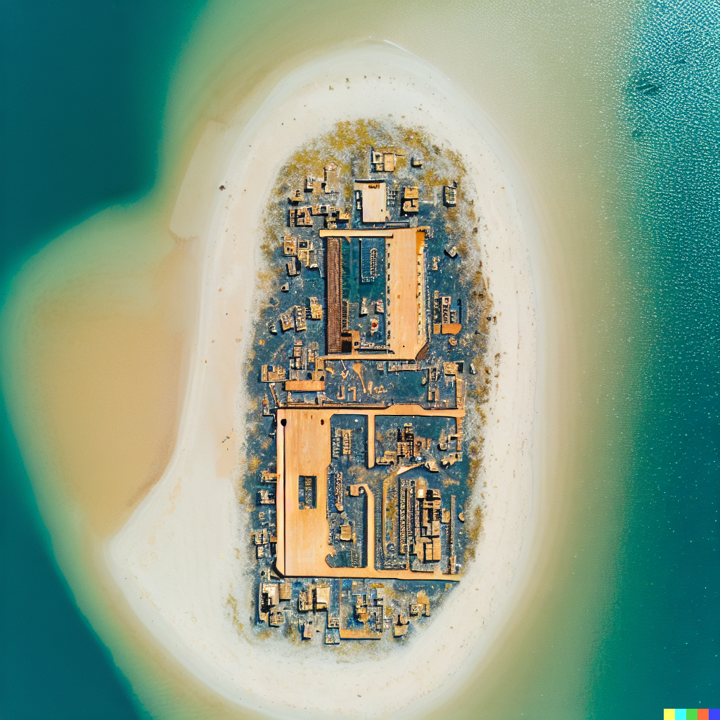 DALL·E 2023-06-26 12.39.39 – a bright top down minimalistic aerial photograph, artistic, of the ruins of a circuit board on an island