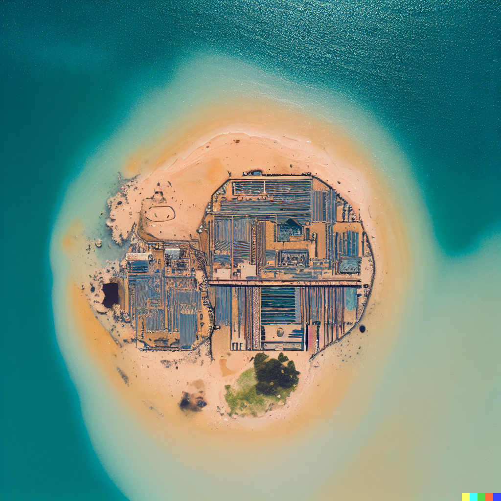 DALL·E 2023-06-26 12.39.41 – a bright top down minimalistic aerial photograph, artistic, of the ruins of a circuit board on an island