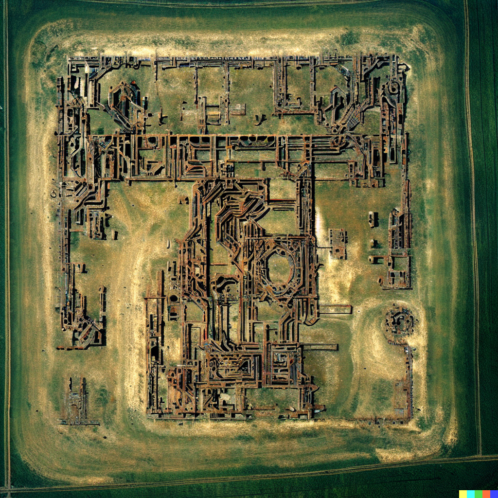 DALL·E 2023-06-26 12.39.58 – satellite image of a large structure that looks like an old circuit board in a field that still runs with some runic ancient magic