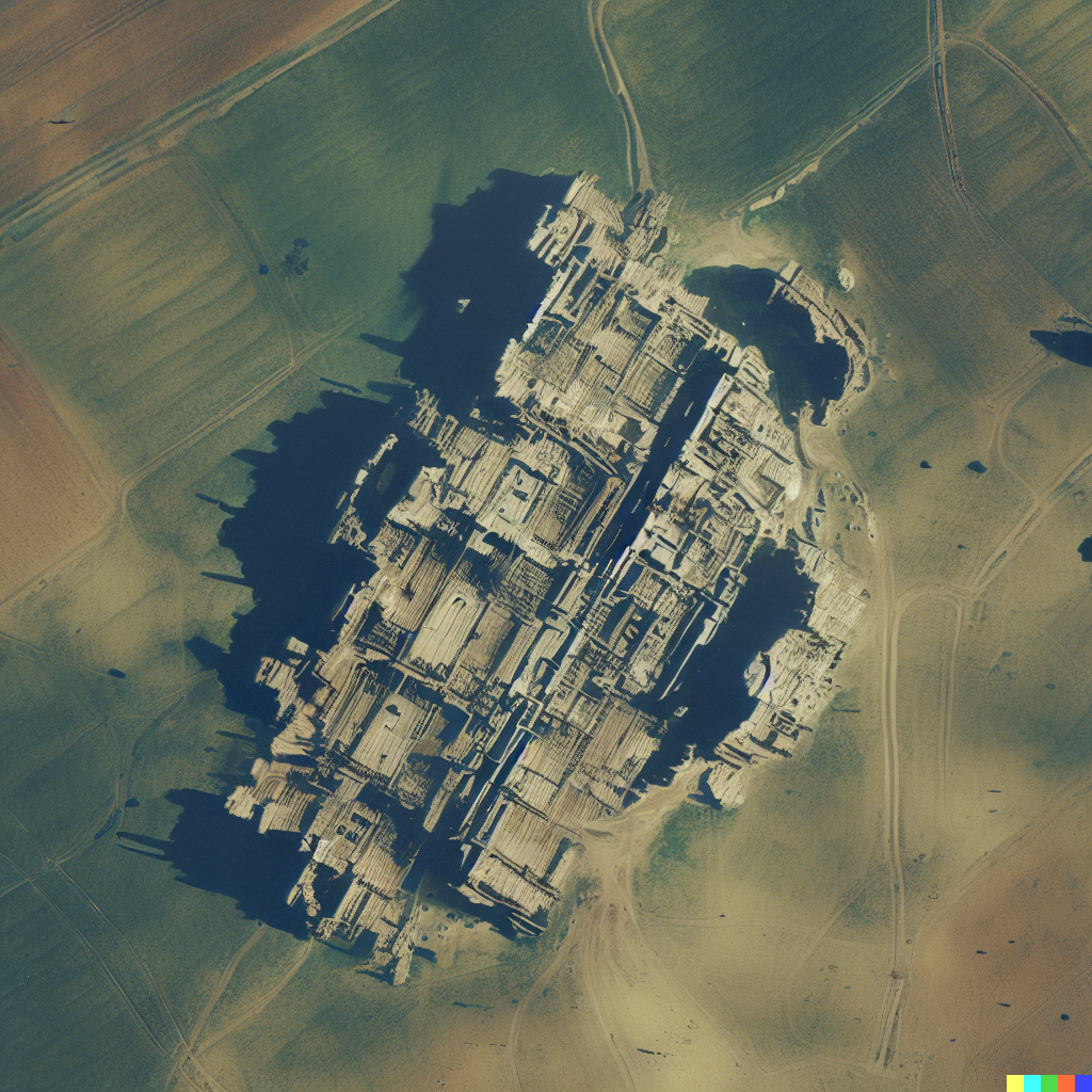 DALL·E 2023-06-26 12.40.09 – satellite image of a large structure that looks like the ruins of an old circuit board realistic photograph of a field