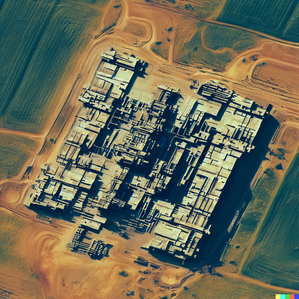 DALL·E 2023-06-26 12.40.13 – satellite image of a large structure that looks like the ruins of an old circuit board realistic photograph of a field