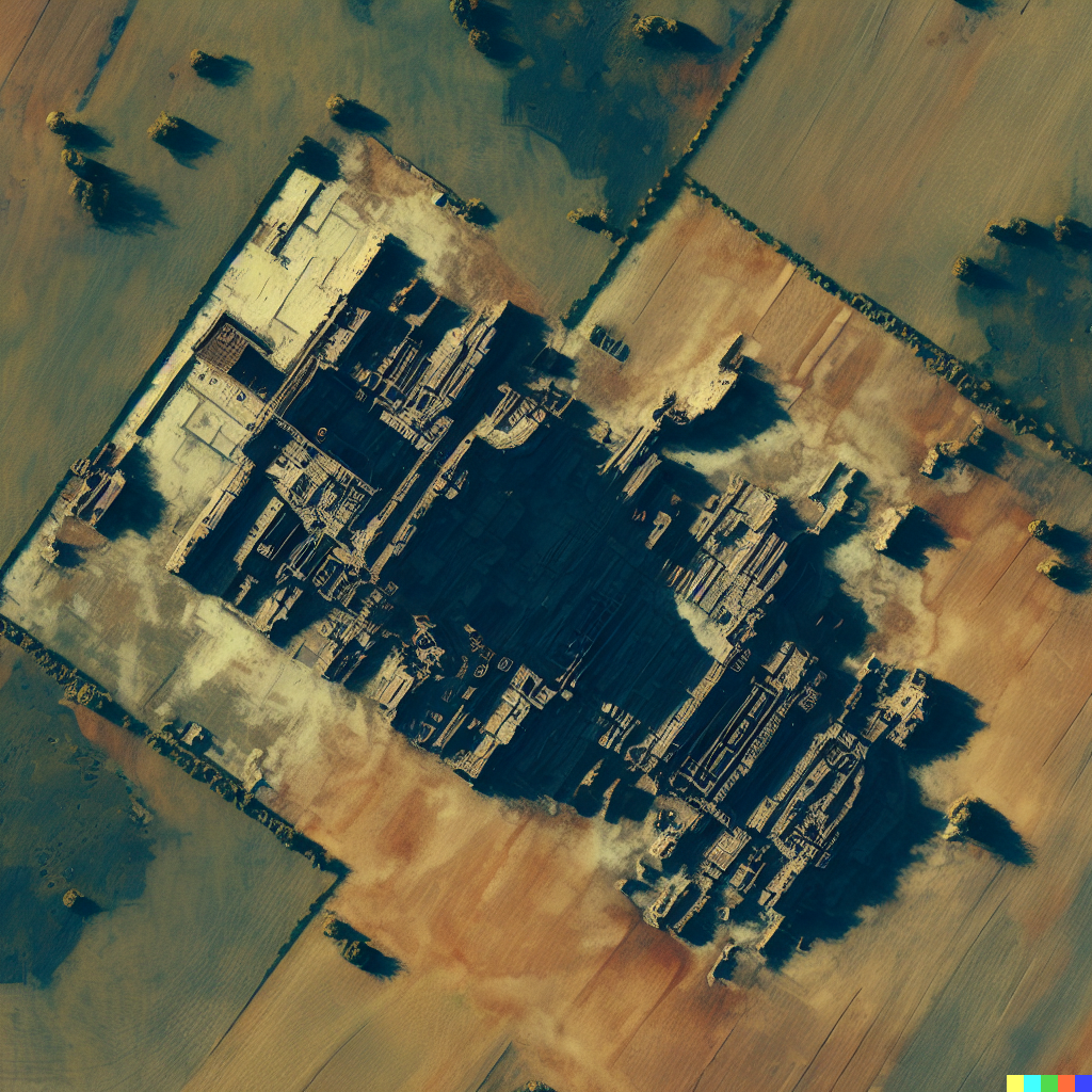 DALL·E 2023-06-26 12.40.17 – satellite image of a large structure that looks like the ruins of an old circuit board realistic photograph of a field