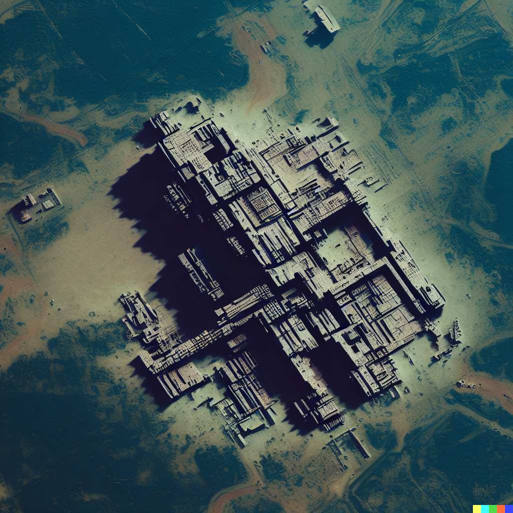 DALL·E 2023-06-26 12.40.20 – satellite image of a large structure that looks like the ruins of an old circuit board realistic photograph of a field
