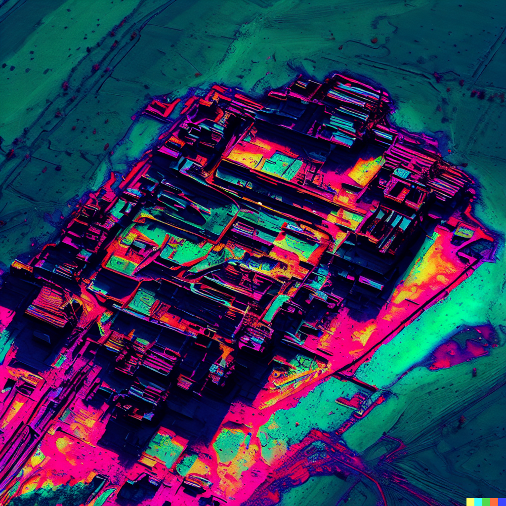 DALL·E 2023-06-26 12.40.24 – satellite image of a large structure that looks like the ruins of an old circuit board high contrast realistic photograph neon colors in a field