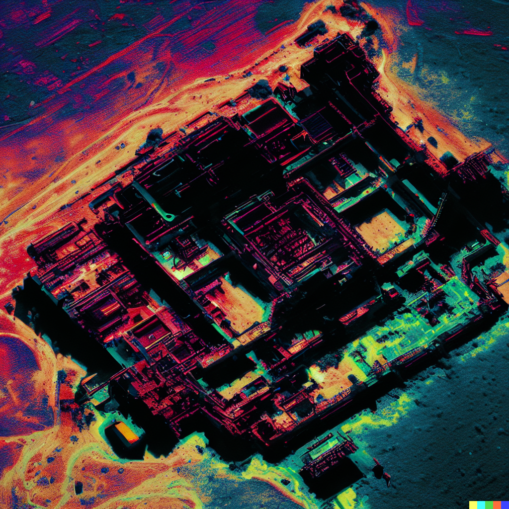 DALL·E 2023-06-26 12.40.27 – satellite image of a large structure that looks like the ruins of an old circuit board high contrast realistic photograph neon colors in a field