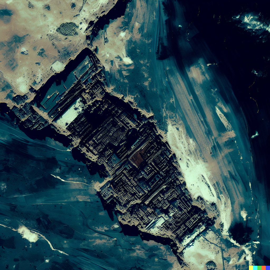 DALL·E 2023-06-26 12.40.34 – view from space like satellite image of a large structure that looks like the ruins of an old circuit board high contrast realistic photograph