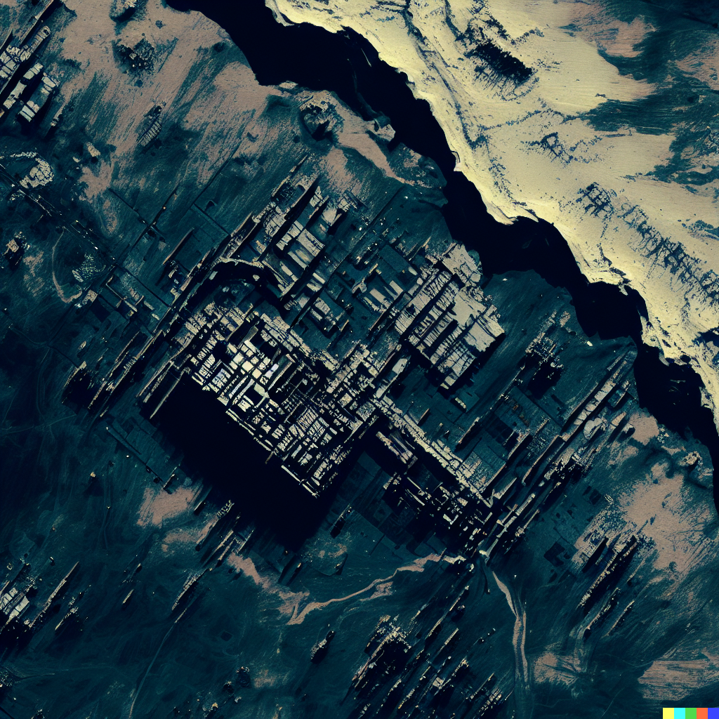 DALL·E 2023-06-26 12.40.40 – view from space like satellite image of a large structure that looks like the ruins of an old circuit board high contrast realistic photograph