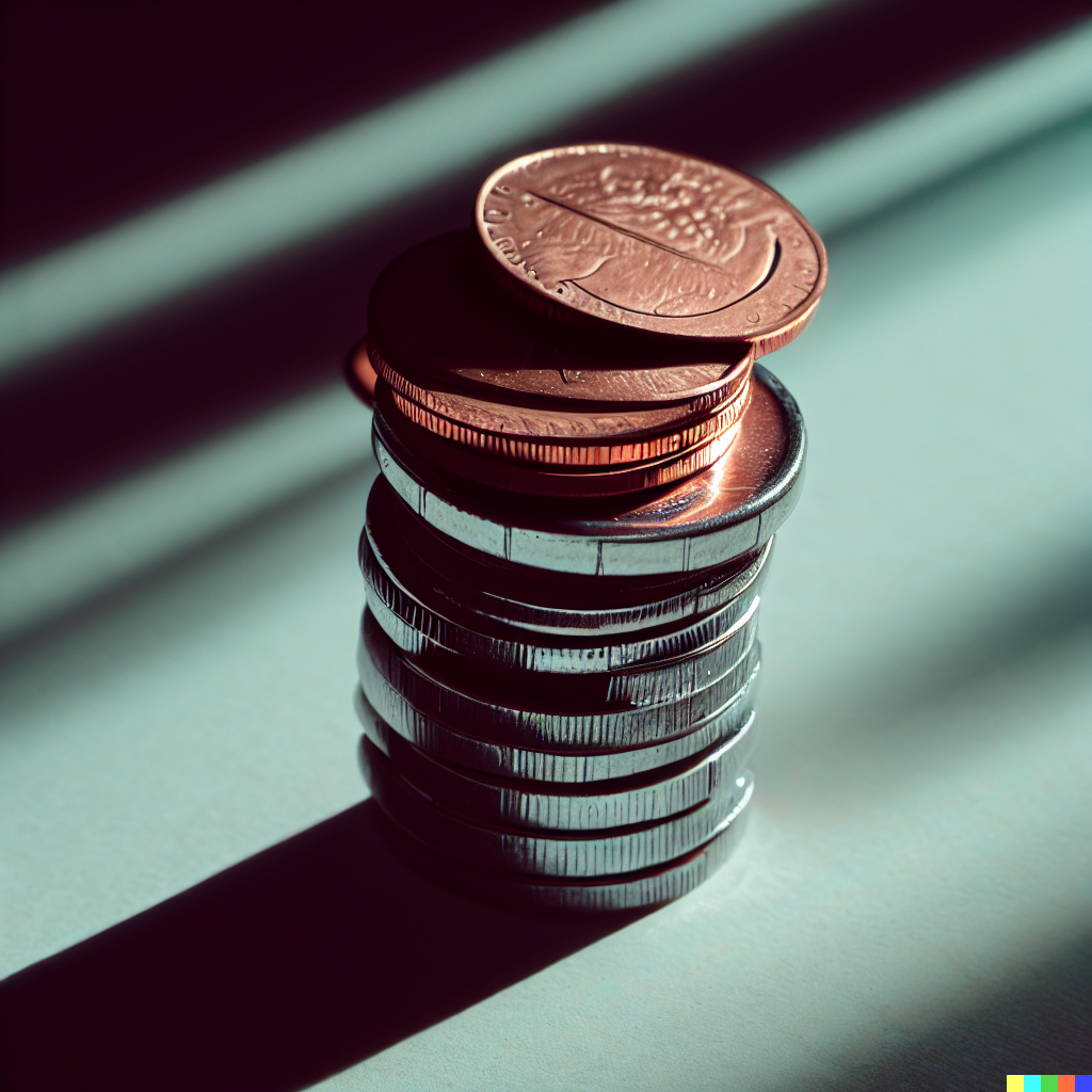 DALL·E 2023-06-26 12.40.54 – a penny stacked on a nickel stacked on a quarter in an Avant-garde with long shadows