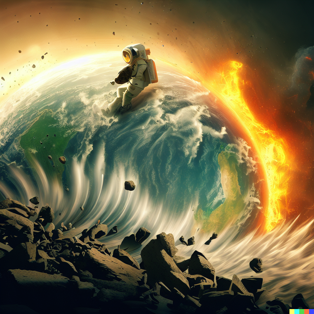 DALL·E 2023-06-26 12.41.12 – the world exploding as an astronaut rides a wave of rubble in the shockwave