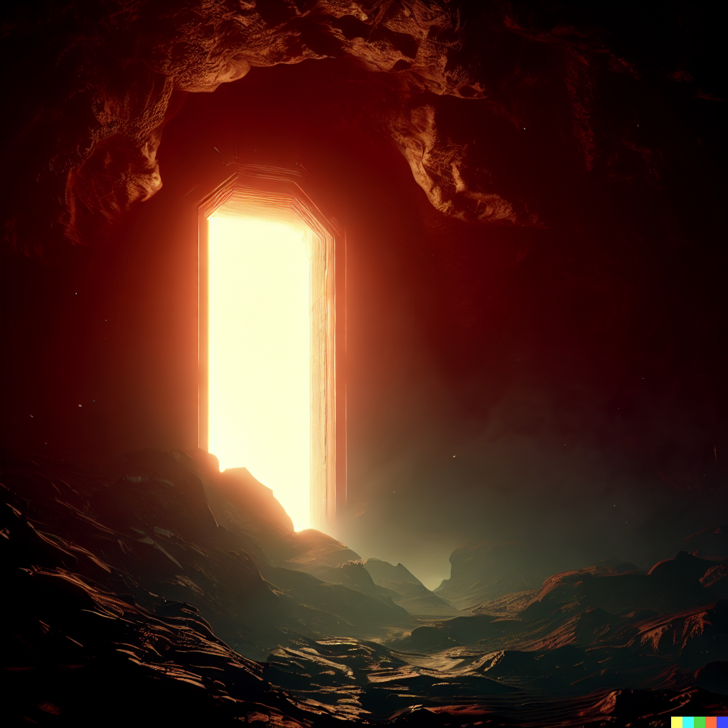 DALL·E 2023-06-26 12.42.17 – doorway to hell with a creepy light emitted from it underground cave unreal engine 8k gustave dore