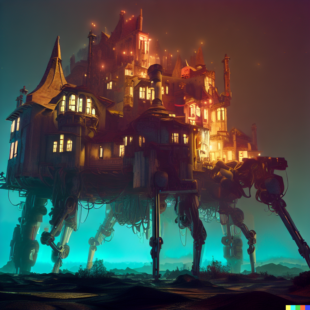 DALL·E 2023-06-26 12.42.52 – full view of cyberpunk howl’s moving castle with robotic legs by sardistic, very detailed digital illustration, cinematic. style of concept art, Zdzis