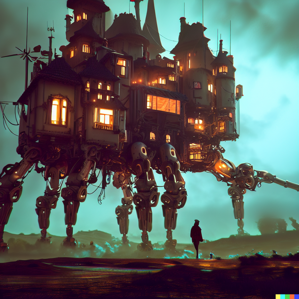 DALL·E 2023-06-26 12.42.55 – full view of cyberpunk howl’s moving castle with robotic legs by sardistic, very detailed digital illustration, cinematic. style of concept art, Zdzis