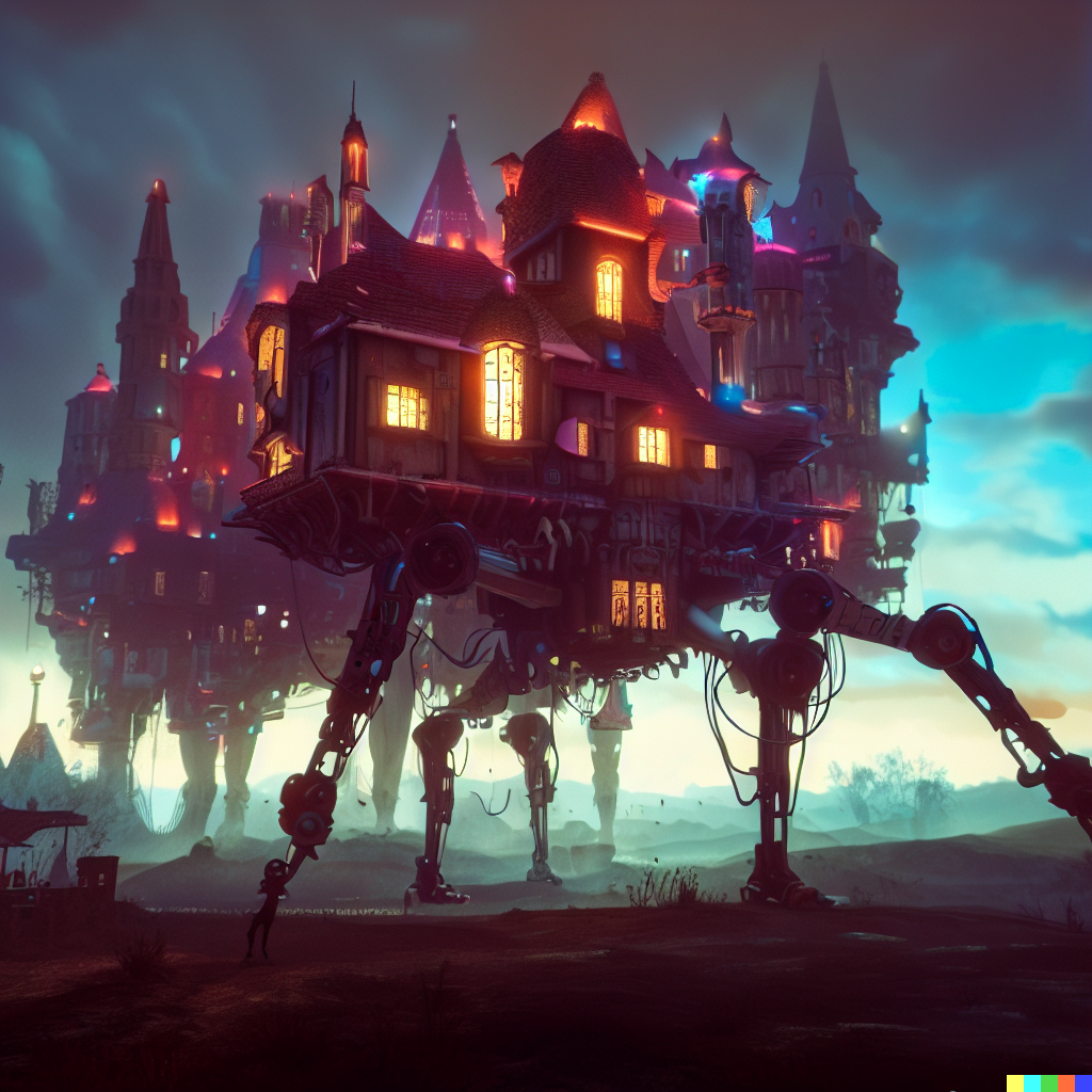 DALL·E 2023-06-26 12.42.57 – full view of cyberpunk howl’s moving castle with robotic legs by sardistic, very detailed digital illustration, cinematic. style of concept art, Zdzis
