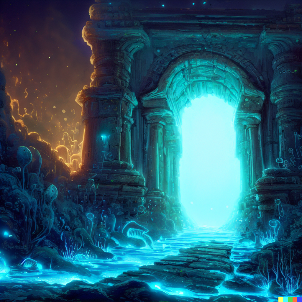 DALL·E 2023-06-26 12.43.09 – an under water gateway filled with ancient glowing ruins and bioluminescent sea life in sharp focus, illustration, art by artgerm, bayard gric, Tim Do