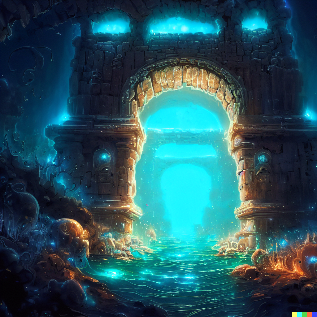 DALL·E 2023-06-26 12.43.15 – an under water gateway filled with ancient glowing ruins and bioluminescent sea life in sharp focus, illustration, art by artgerm, bayard gric, Tim Do