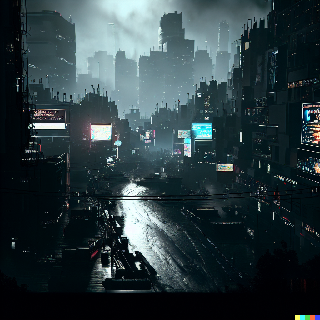 DALL·E 2023-06-26 12.43.42 – cyberpunk 2077 city shot by ansel adams