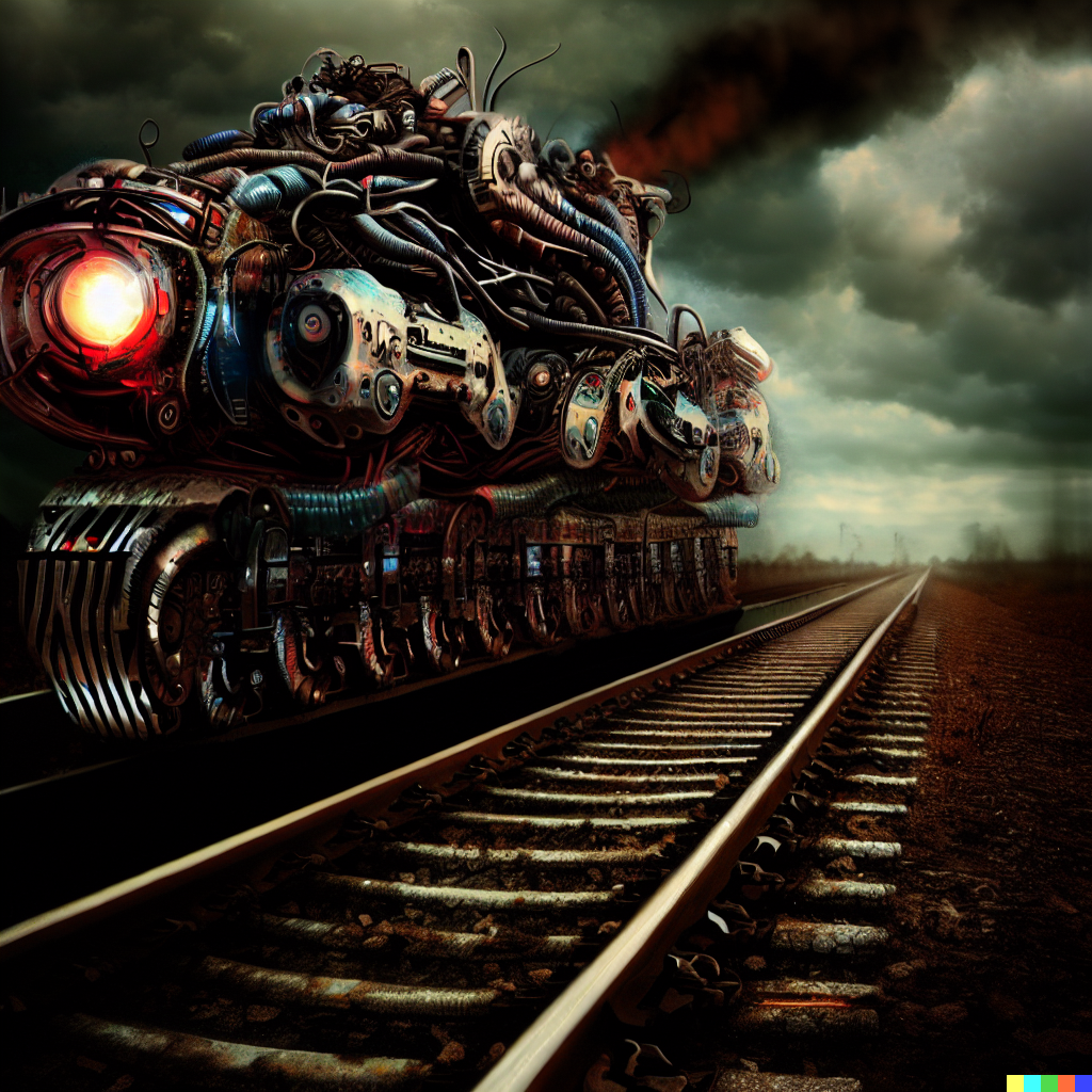 DALL·E 2023-06-26 12.43.50 – a cyborg train on a track of death by Wayne Barlowe