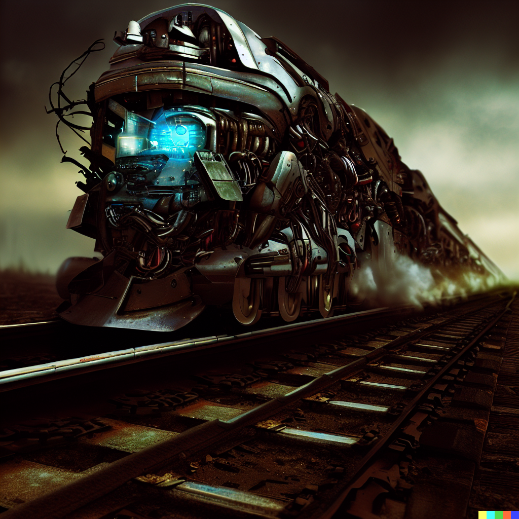 DALL·E 2023-06-26 12.44.03 – a cyborg train on a track of death by Wayne Barlowe