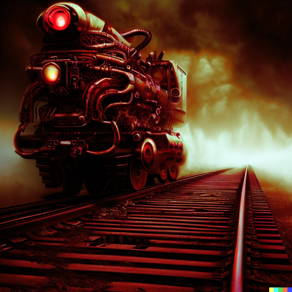 DALL·E 2023-06-26 12.44.05 – a cyborg train on a track of death by Wayne Barlowe