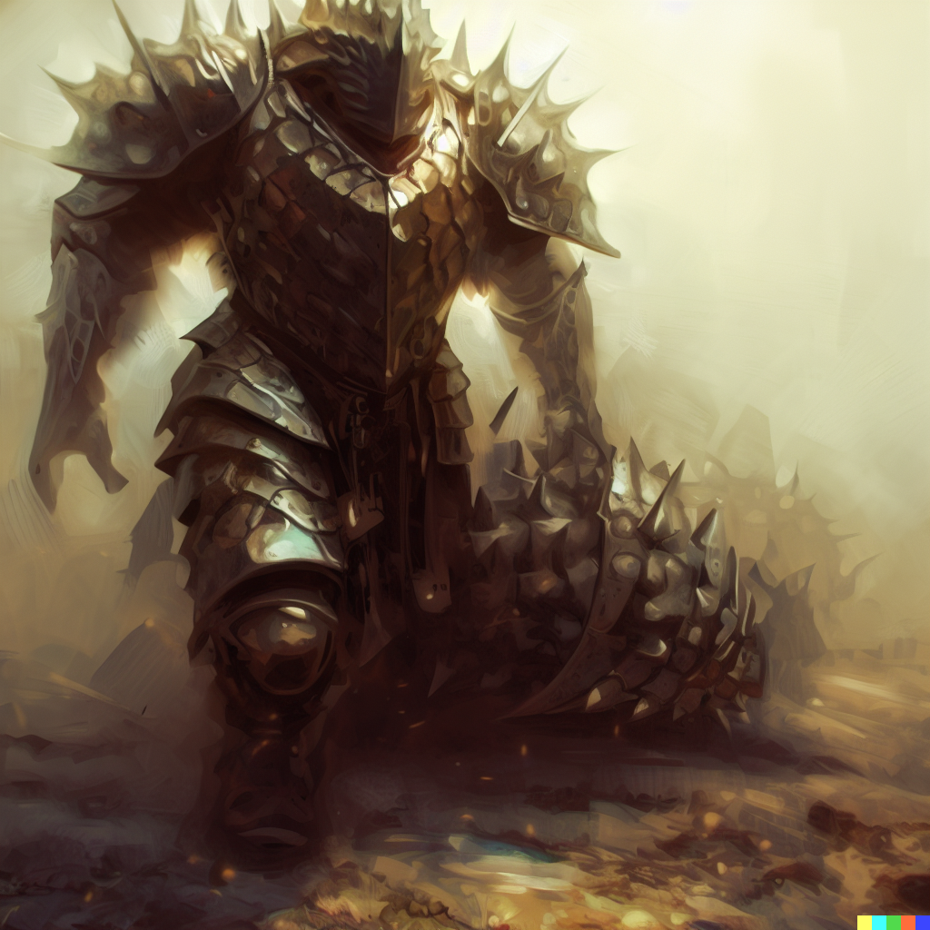 DALL·E 2023-06-26 12.44.19 – Scale armour One being brings life Another runs for death Scale armour digital painting, artstation, concept art, smooth, sharp focus, illustration, b