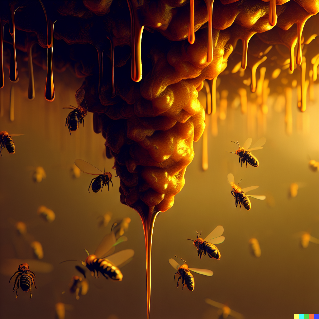 DALL·E 2023-06-26 12.45.13 – swarm of bees dripping in golden honey by Zdzisław Beksiński in the style of unreal render
