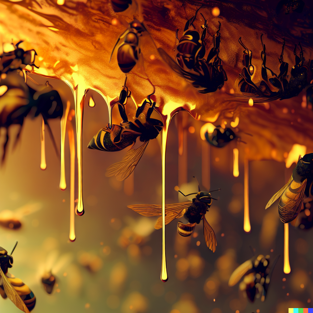 DALL·E 2023-06-26 12.45.16 – swarm of bees dripping in golden honey by Zdzisław Beksiński in the style of unreal render