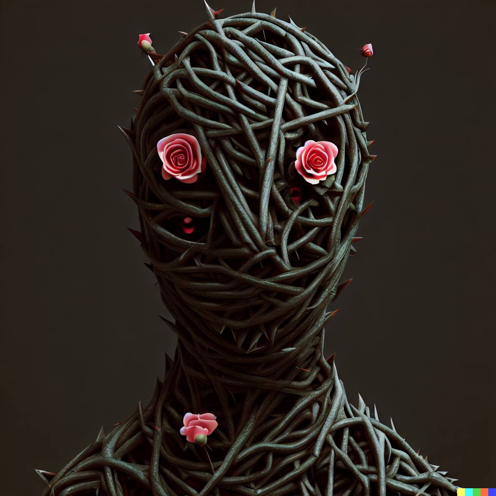 DALL·E 2023-06-26 12.45.22 – a human shaped like thorny vines with roses for eyes