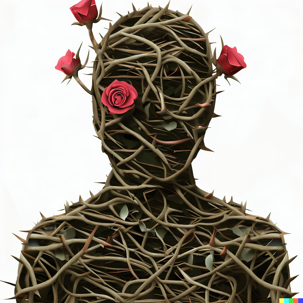 DALL·E 2023-06-26 12.45.27 – a human shaped like thorny vines with roses for eyes