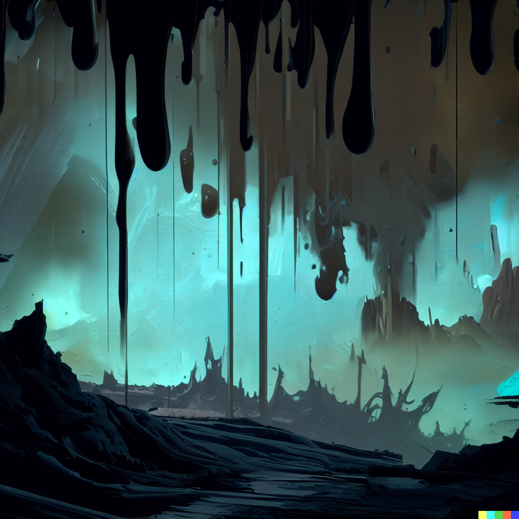 DALL·E 2023-06-26 12.45.32 – paint dripping from a living painting of an unknown scifi world inspired by gustave dore