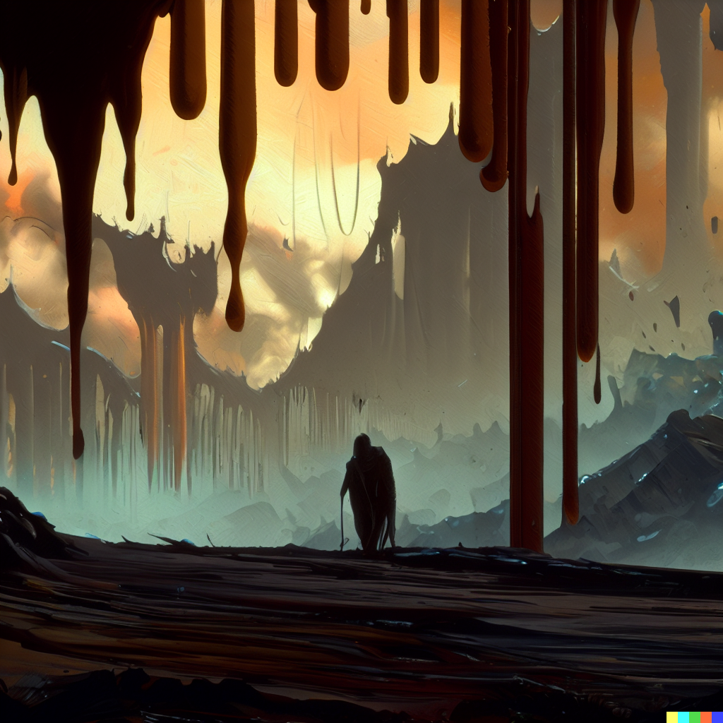 DALL·E 2023-06-26 12.45.38 – paint dripping from a living painting of an unknown scifi world inspired by gustave dore