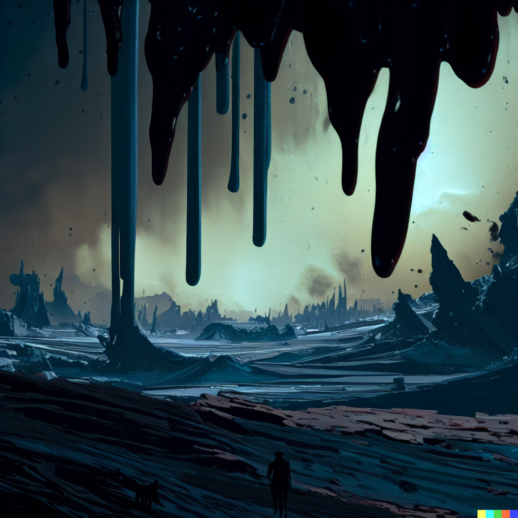 DALL·E 2023-06-26 12.45.41 – paint dripping from a living painting of an unknown scifi world inspired by gustave dore