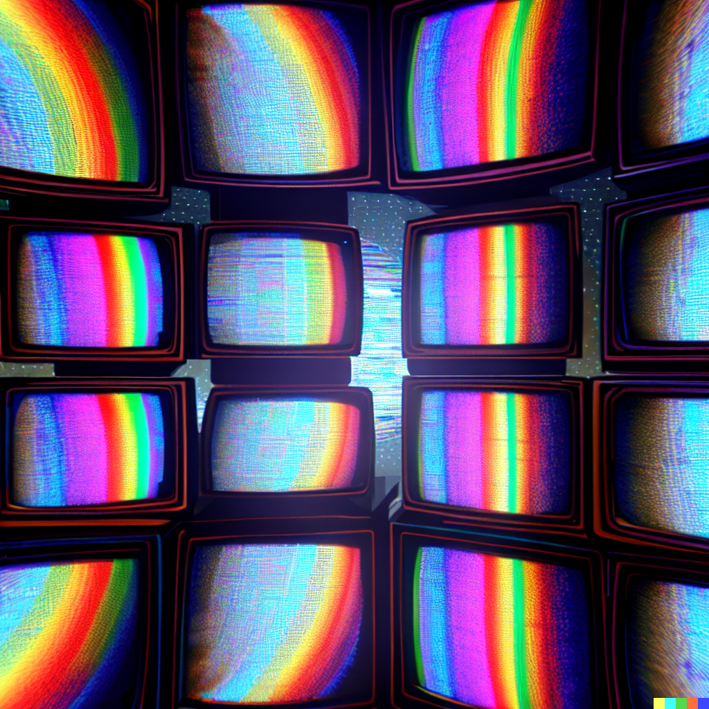 DALL·E 2023-06-26 12.45.45 – an aray of cathode tvs with different rainbow universes on the screen 8 bit