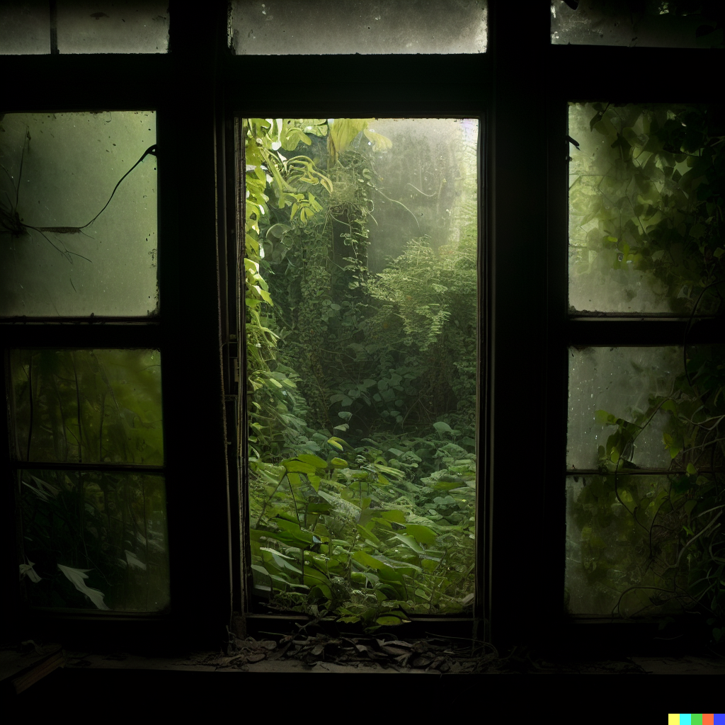 DALL·E 2023-06-26 12.45.49 – looking out old pane glass windows onto a overgrown cryptid garden full of dark and dangerous flora