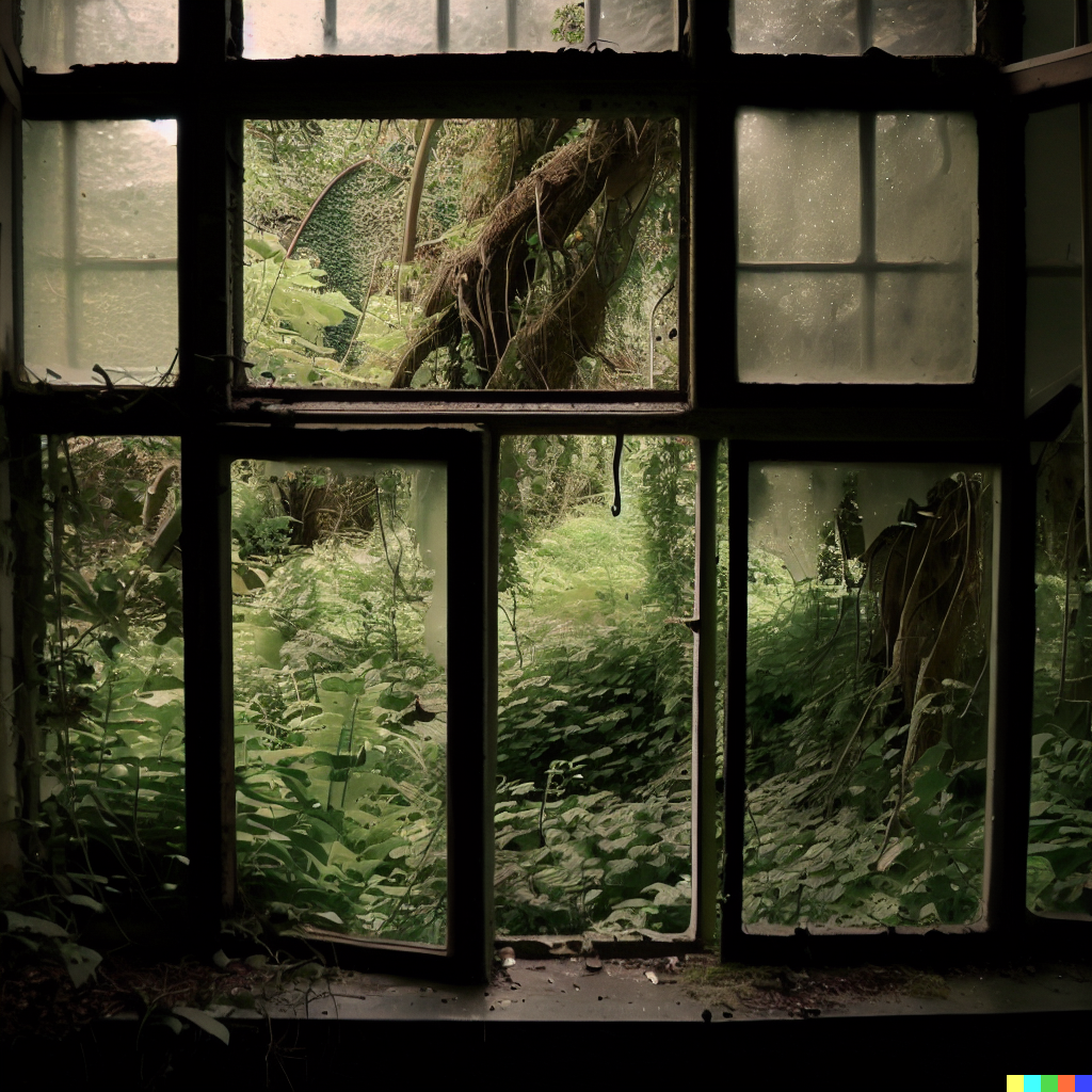 DALL·E 2023-06-26 12.45.54 – looking out old pane glass windows onto a overgrown cryptid garden full of dark and dangerous flora