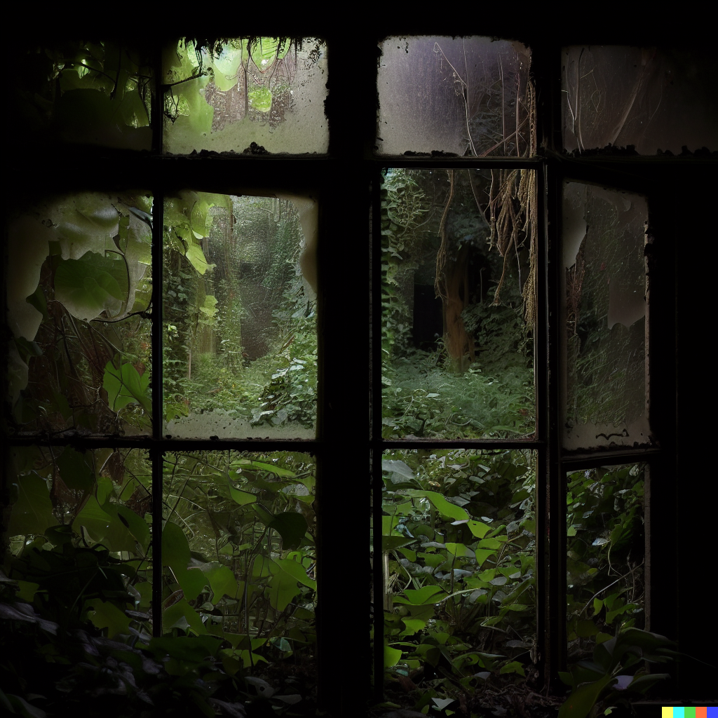 DALL·E 2023-06-26 12.45.57 – looking out old pane glass windows onto a overgrown cryptid garden full of dark and dangerous flora