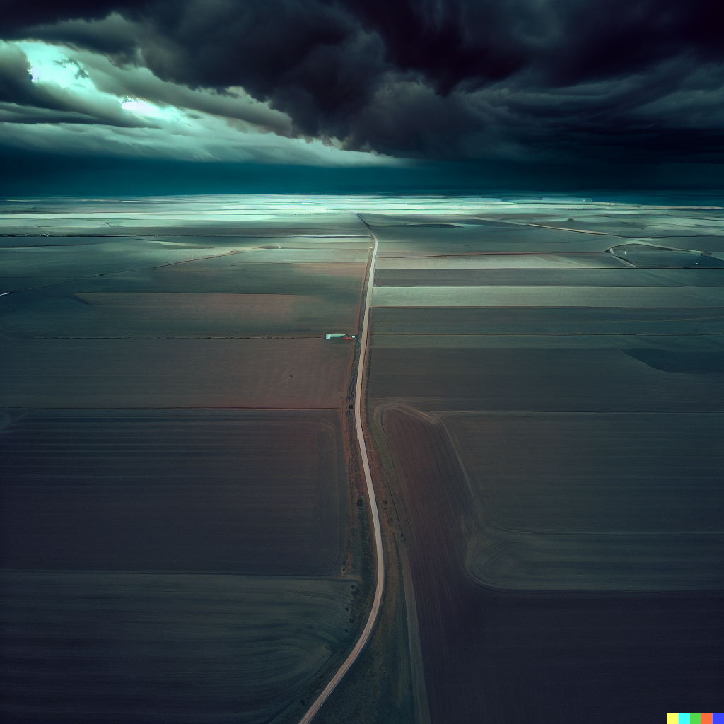 DALL·E 2023-06-26 12.46.04 – an ariel photograph satalite photograph of cotrasing fields with a single road in kansas with dark stormy skies that look like cthulu birds eye view