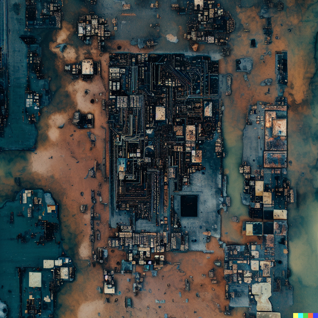 DALL·E 2023-06-26 12.46.09 – top down minimalistic aerial photograph, artistic, of a landscape full of decaying tech like a circuit board
