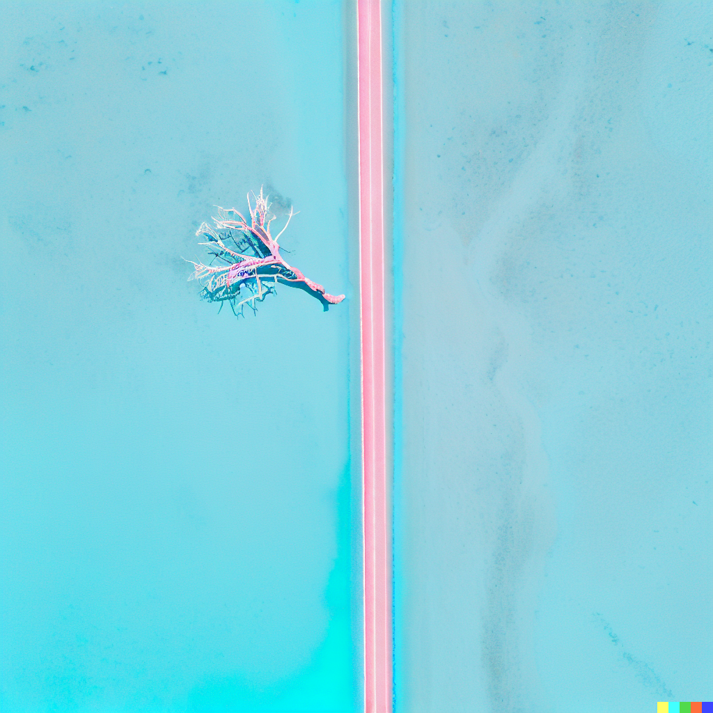 DALL·E 2023-06-26 12.46.33 – a bright top down minimalistic aerial photograph, artistic, of a pink dead tree in a blue desert far away that turns into a desolate highway