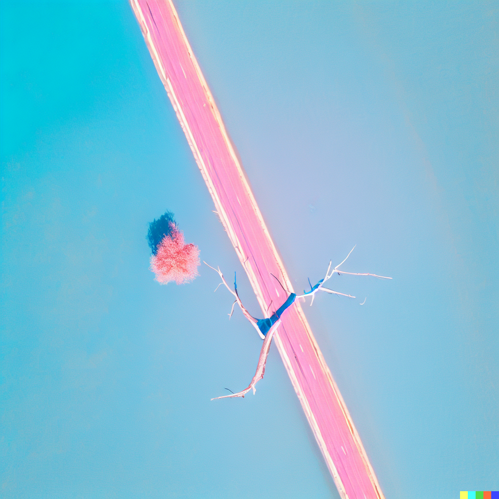 DALL·E 2023-06-26 12.46.36 – a bright top down minimalistic aerial photograph, artistic, of a pink dead tree in a blue desert far away that turns into a desolate highway
