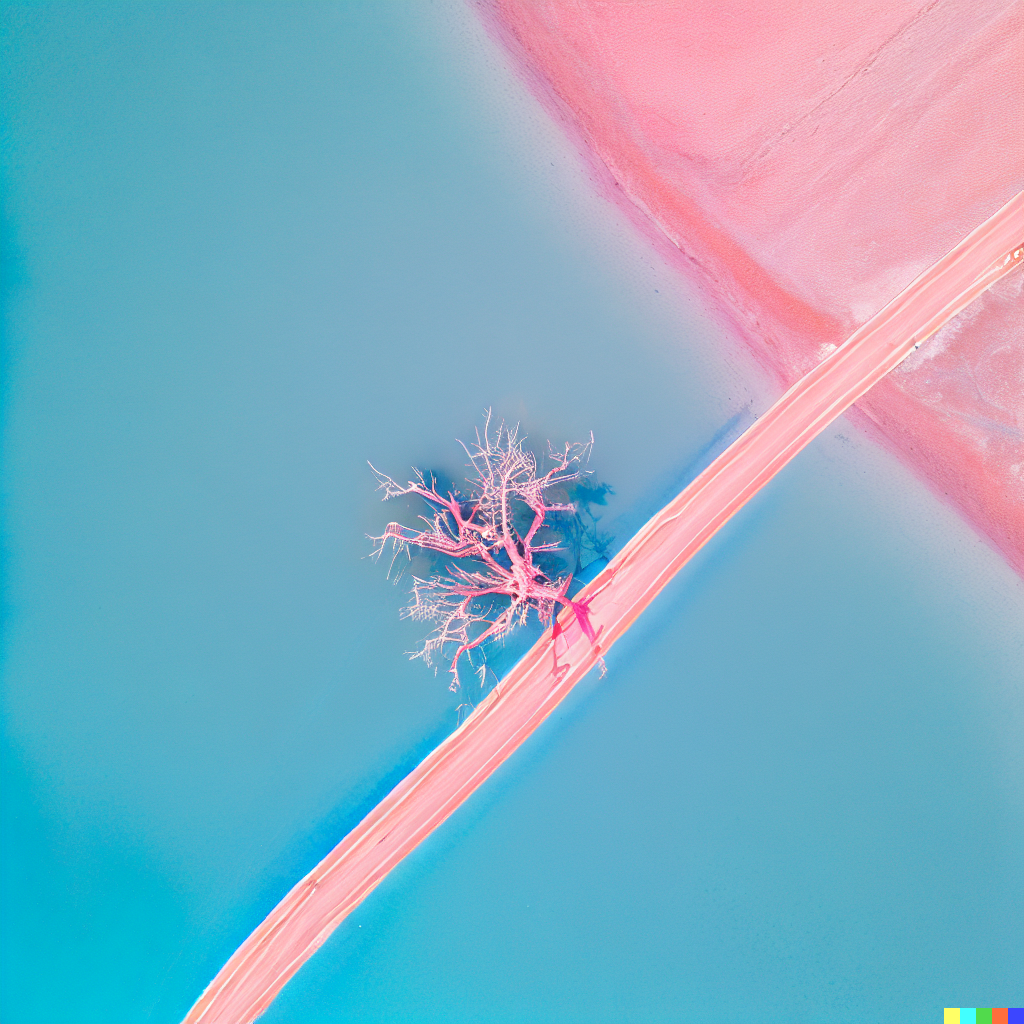 DALL·E 2023-06-26 12.46.39 – a bright top down minimalistic aerial photograph, artistic, of a pink dead tree in a blue desert far away that turns into a desolate highway