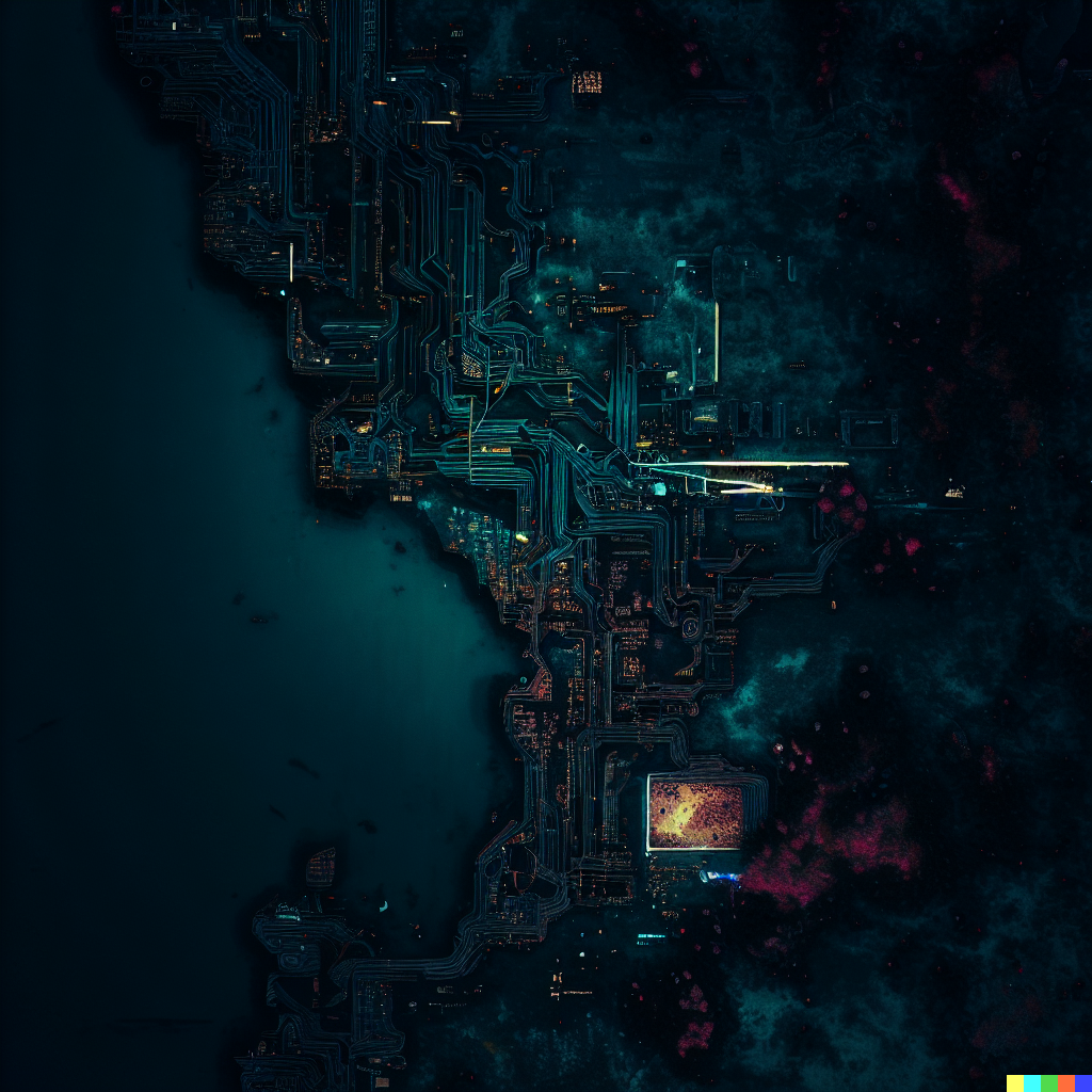 DALL·E 2023-06-26 12.46.57 – top down minimalistic aerial photograph, artistic, of a landscape full of decaying tech like a circuit board alien tropical landscape, dark with neon